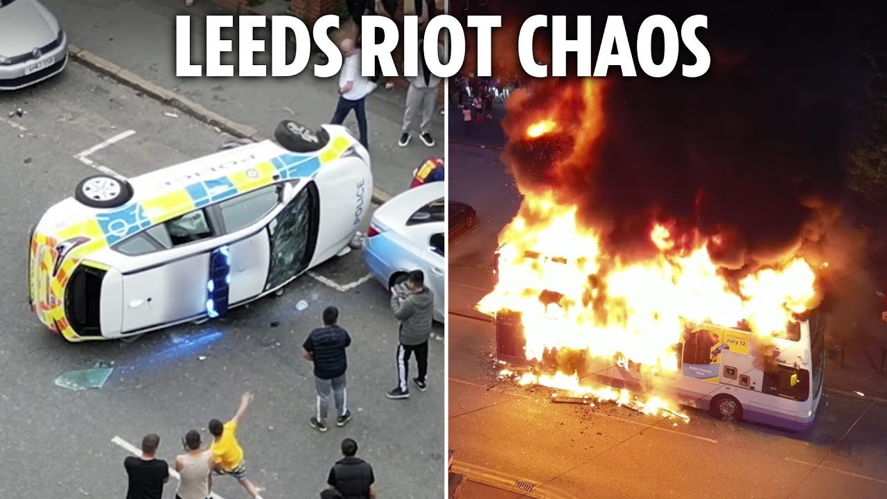 Major Riot Erupts in Leeds: Double-Decker Bus Burnt and Police Cars Destroyed